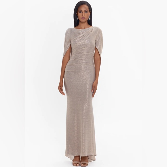 Betsy Adam Gold Drape Back Detail Sleeve Round Neck Metallic Crinkle Ruched Gown - Picture 6 of 9